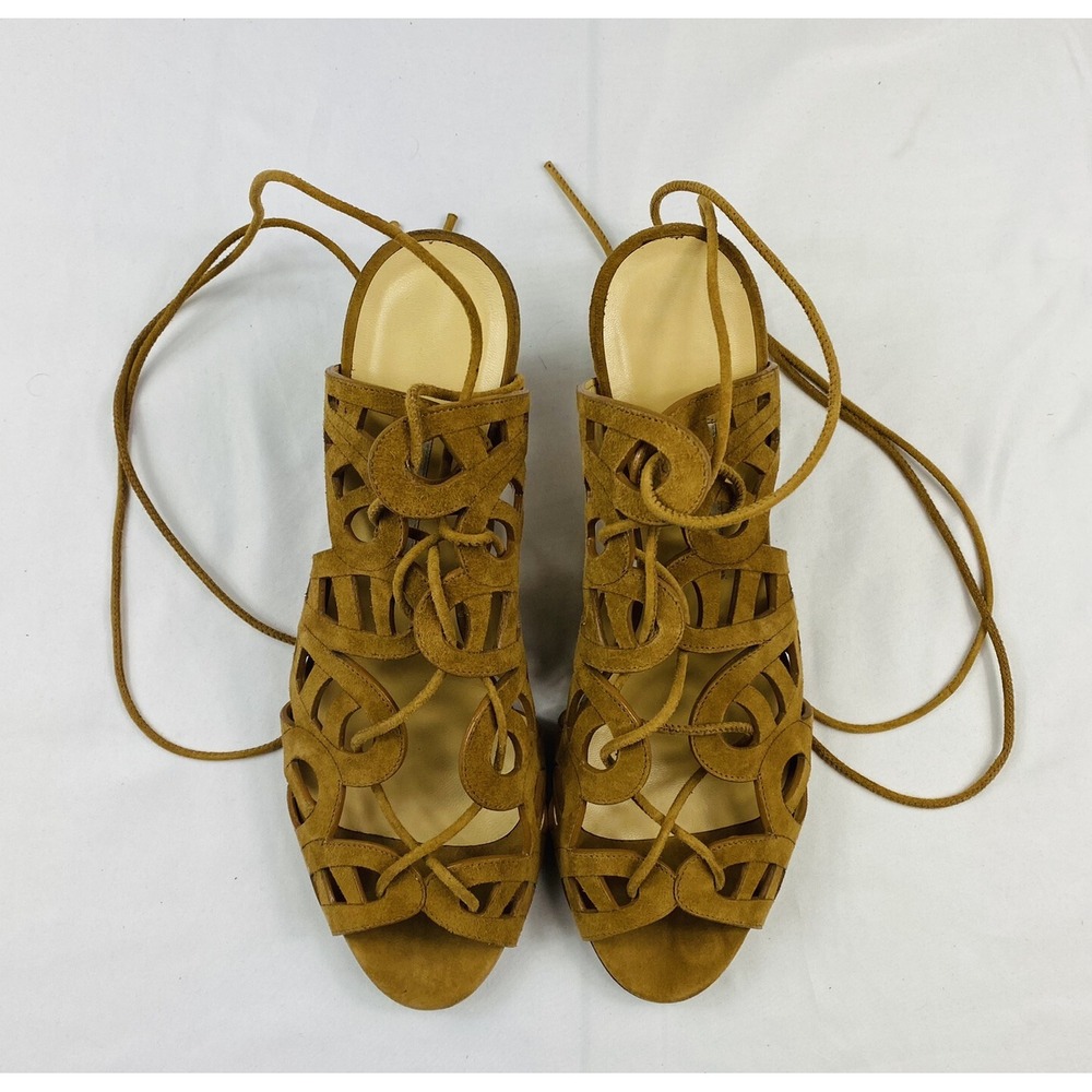 Bionda Castana Women Brown Suede Strappy Ankle Tie Peep Toe Heels Size 7.5 37.5